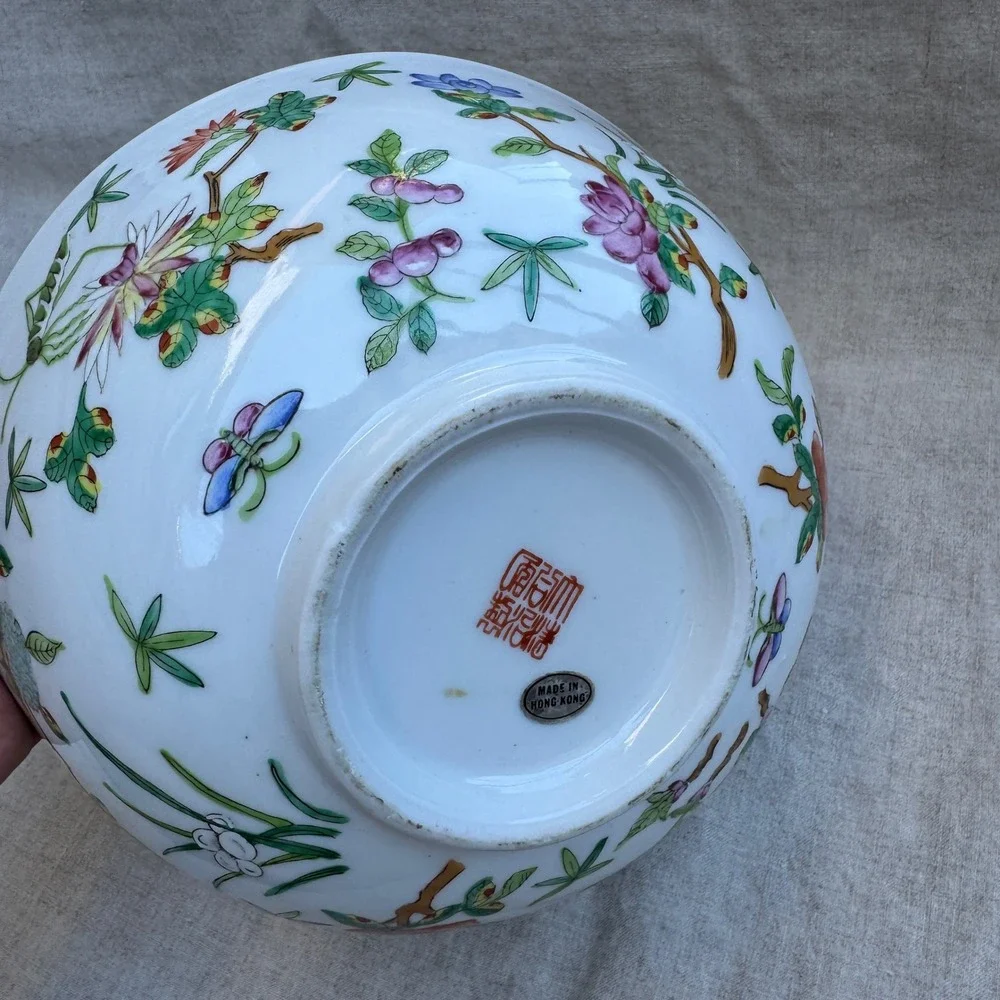 Vintage 70s Hong Kong Porcelain Bowl 60s Famille Rose Grasshopper Floral 9in